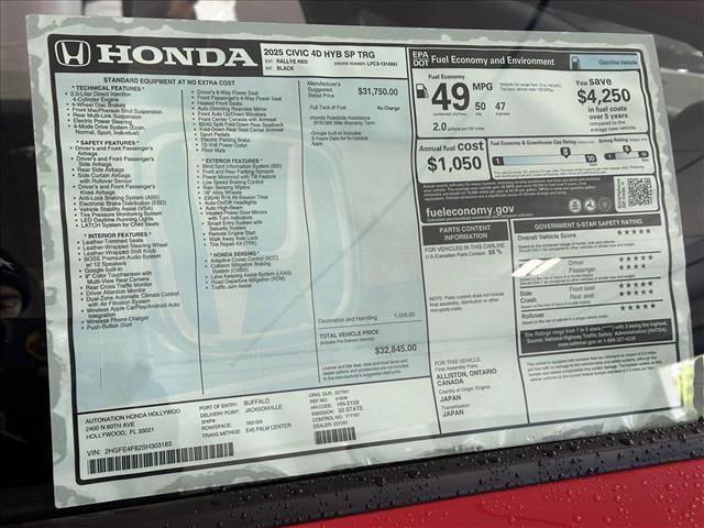 new 2025 Honda Civic Hybrid car, priced at $32,845