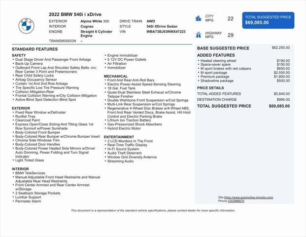 used 2022 BMW 540 car, priced at $49,500