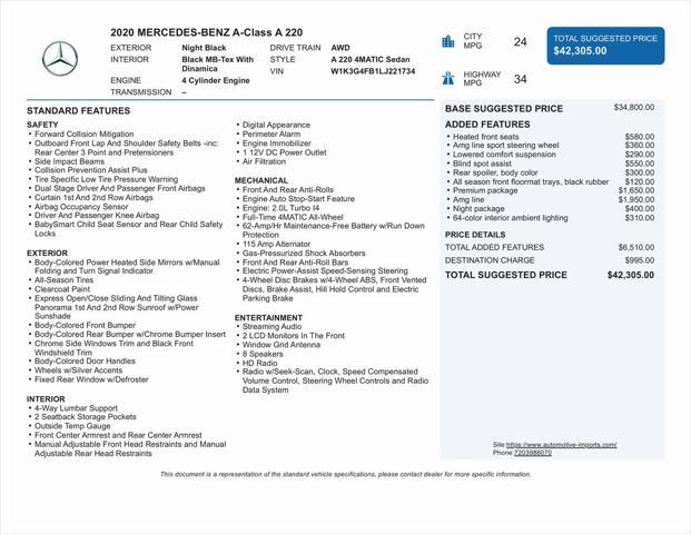 used 2020 Mercedes-Benz A-Class car, priced at $20,500
