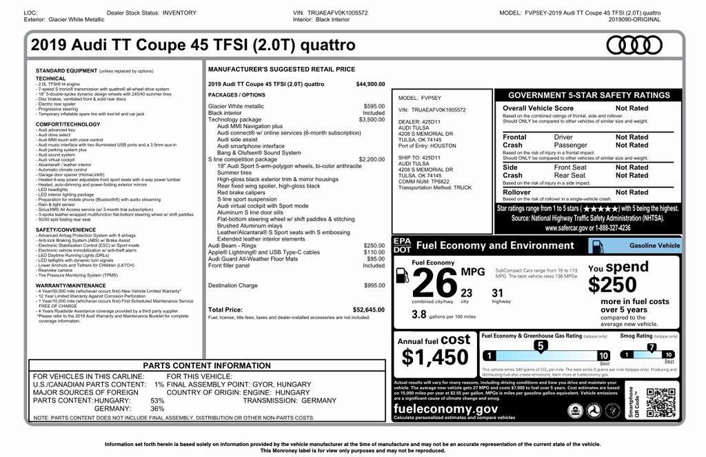 used 2019 Audi TT car, priced at $37,000