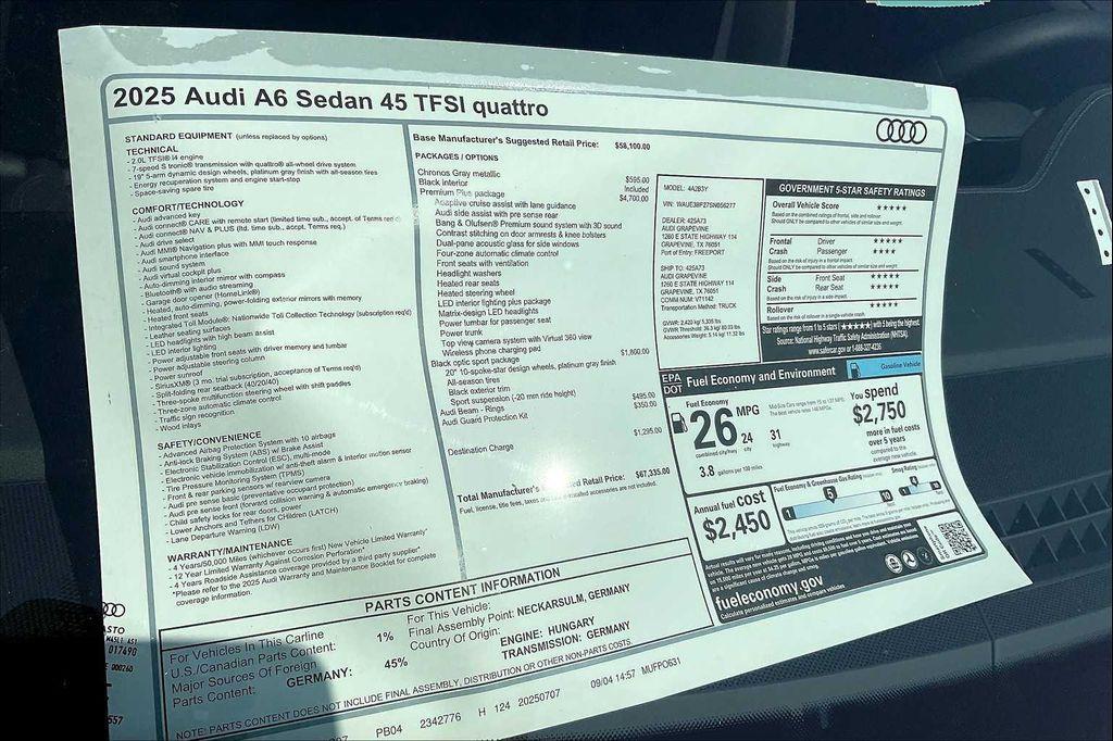 new 2025 Audi A6 car, priced at $67,335
