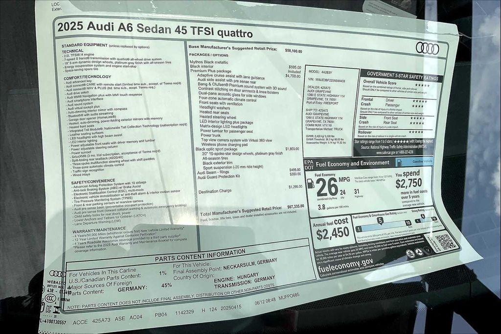 new 2025 Audi A6 car, priced at $67,335