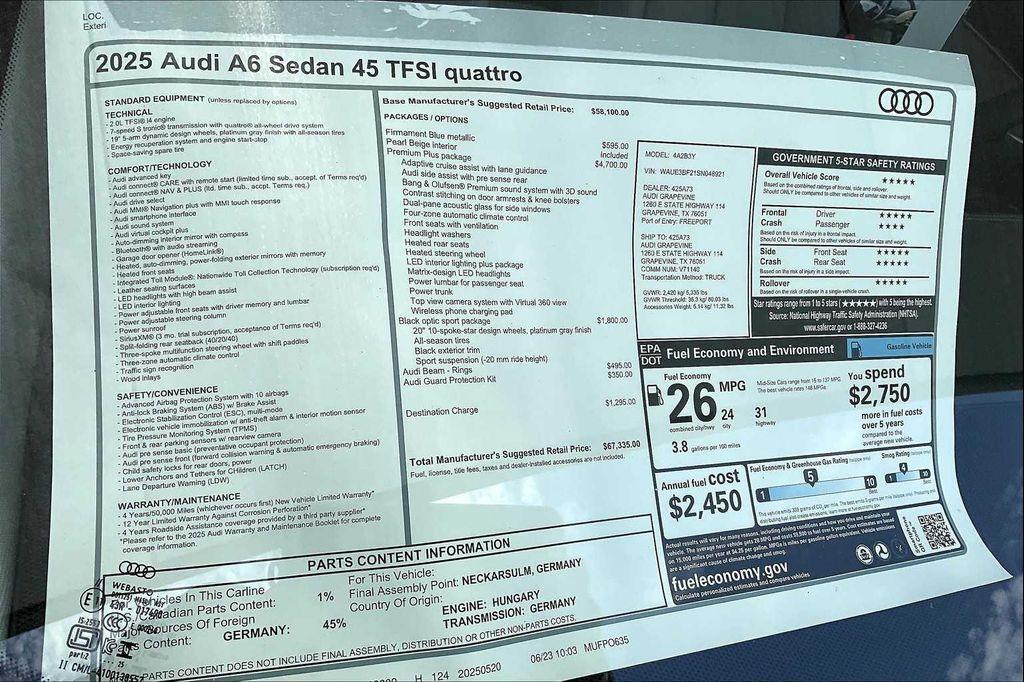 new 2025 Audi A6 car, priced at $67,335