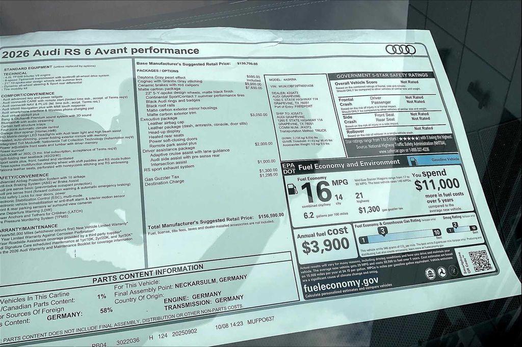 new 2026 Audi RS 6 Avant car, priced at $156,590