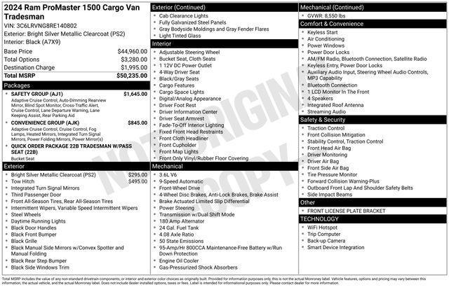 new 2024 Ram ProMaster 1500 car, priced at $49,540