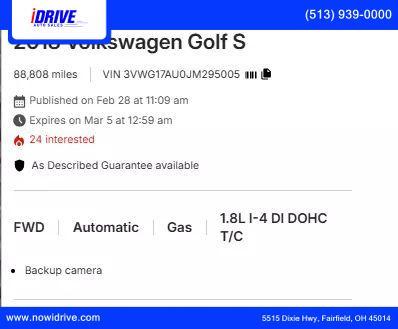 used 2018 Volkswagen Golf car, priced at $12,925