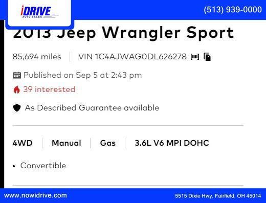 used 2013 Jeep Wrangler car, priced at $14,500