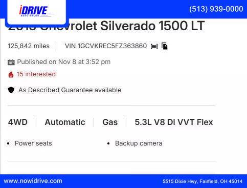 used 2015 Chevrolet Silverado 1500 car, priced at $16,500