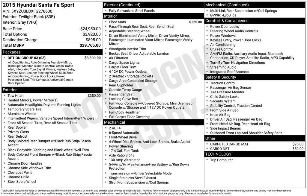 used 2015 Hyundai Santa Fe Sport car, priced at $12,500