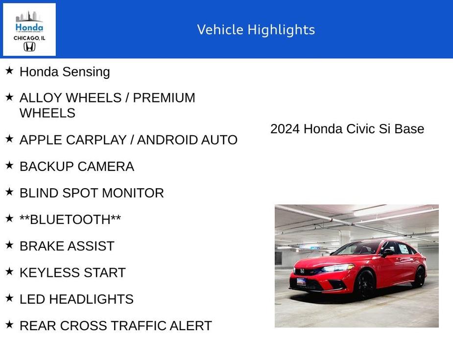 new 2024 Honda Civic Si car, priced at $30,195