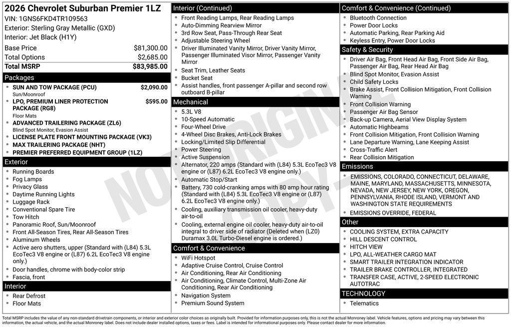 new 2026 Chevrolet Suburban car, priced at $83,790