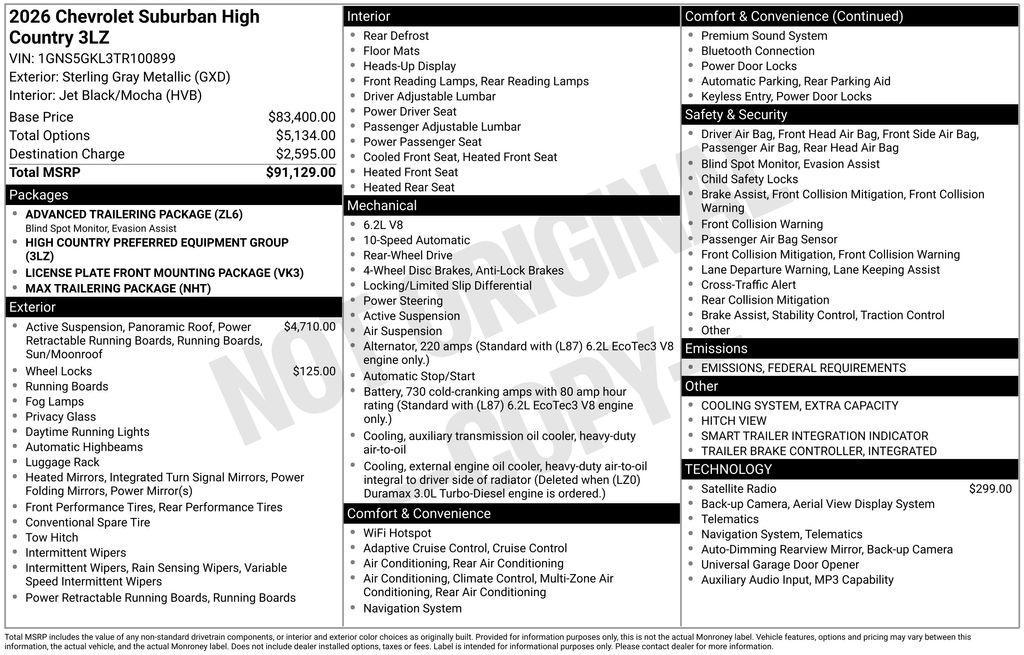 new 2026 Chevrolet Suburban car, priced at $87,789