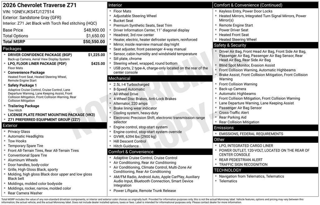 new 2026 Chevrolet Traverse car, priced at $51,435