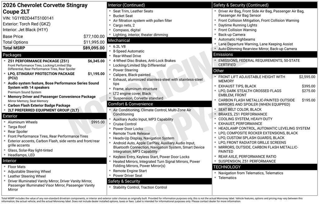 new 2026 Chevrolet Corvette car, priced at $91,090