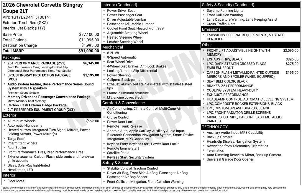 new 2026 Chevrolet Corvette car, priced at $91,090