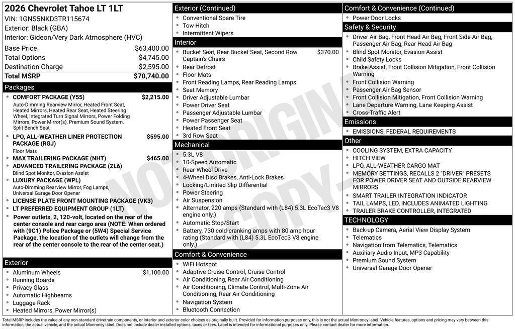 new 2026 Chevrolet Tahoe car, priced at $68,618