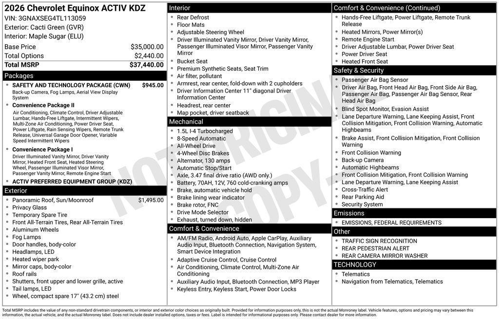 new 2026 Chevrolet Equinox car, priced at $36,505