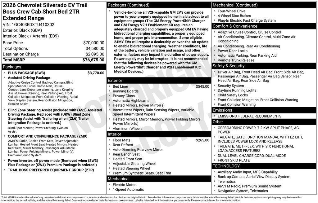 new 2026 Chevrolet Silverado EV car, priced at $69,675