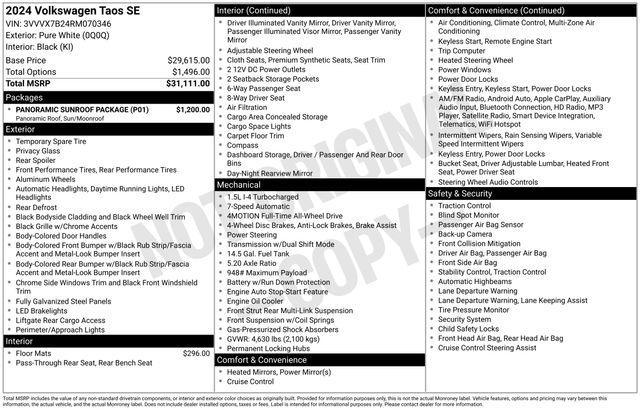 used 2024 Volkswagen Taos car, priced at $28,646