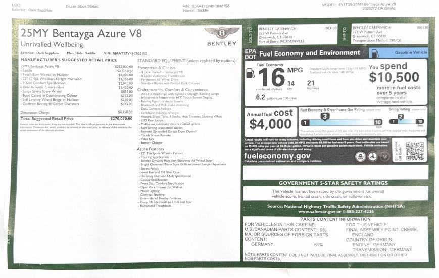 new 2025 Bentley Bentayga car, priced at $270,070