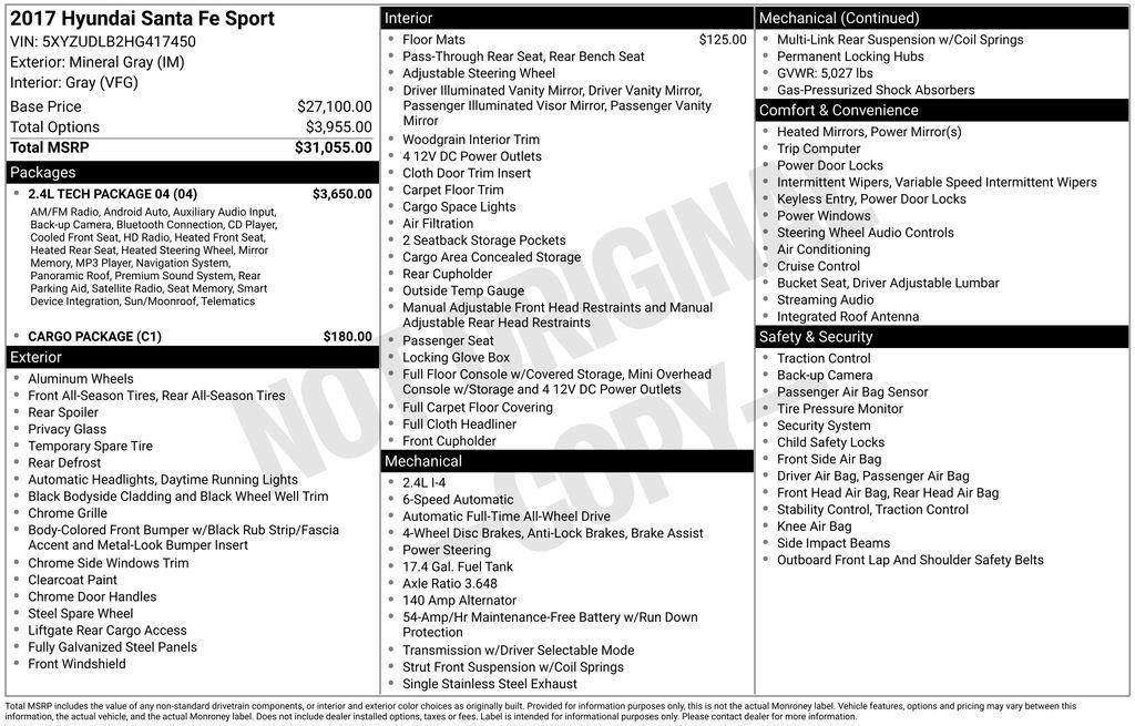 used 2017 Hyundai Santa Fe Sport car, priced at $12,100