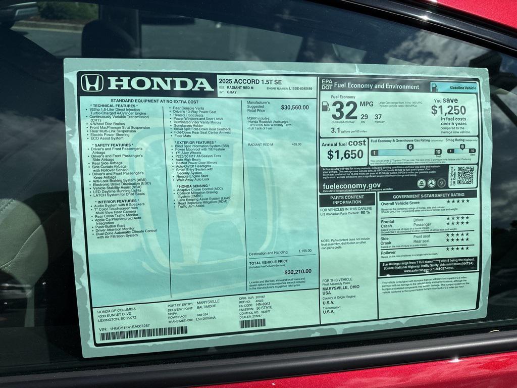 new 2025 Honda Accord car, priced at $30,866