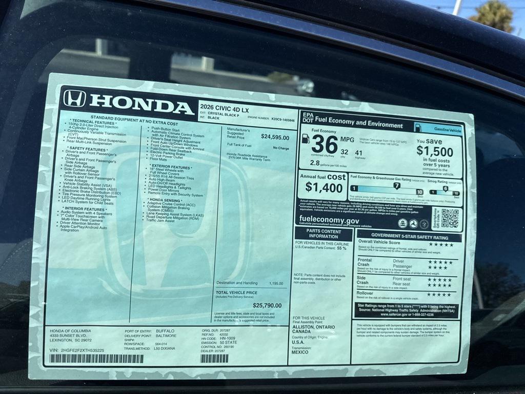 new 2026 Honda Civic car, priced at $24,873