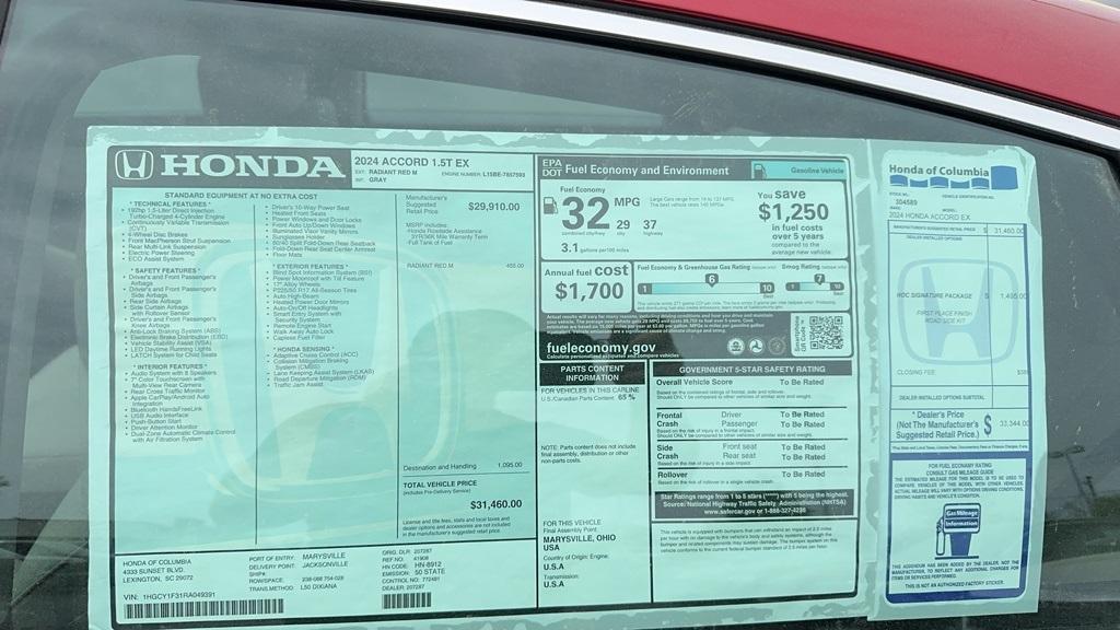 new 2024 Honda Accord car, priced at $31,460