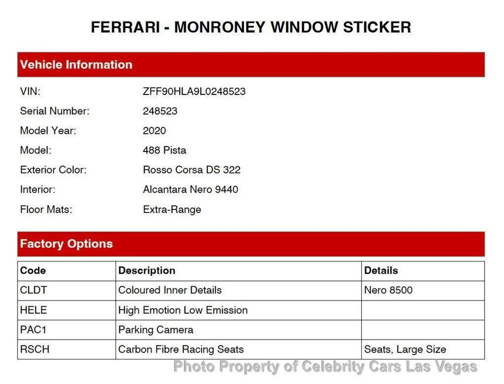 used 2020 Ferrari 488 Pista car, priced at $459,000
