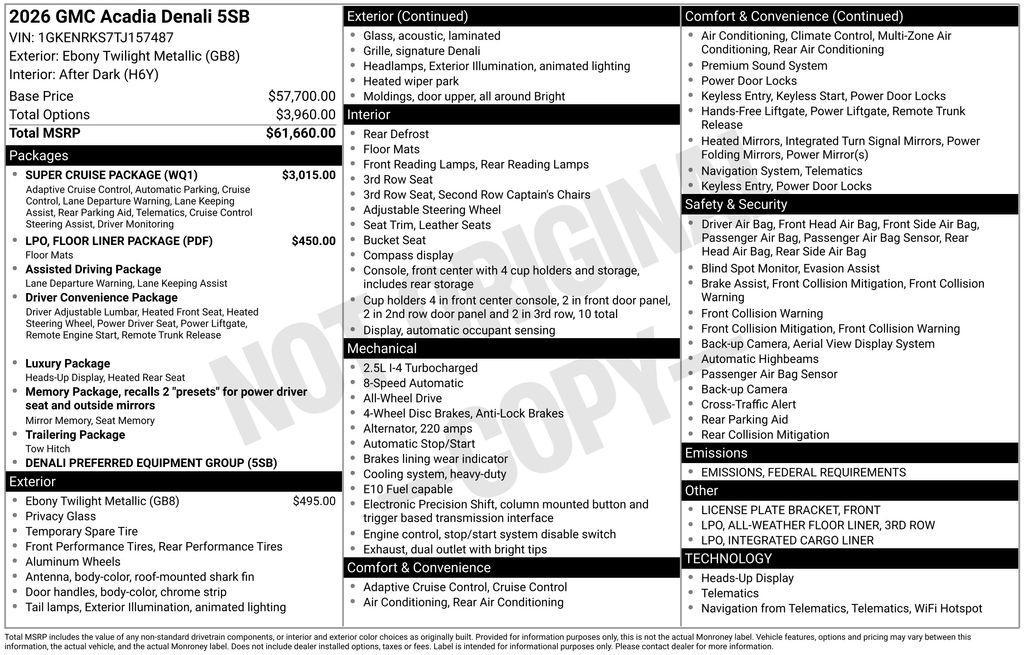 new 2026 GMC Acadia car, priced at $63,595
