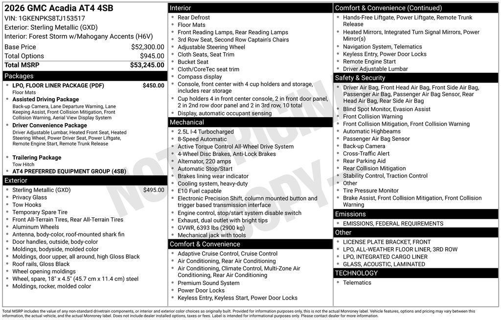 new 2026 GMC Acadia car, priced at $55,180