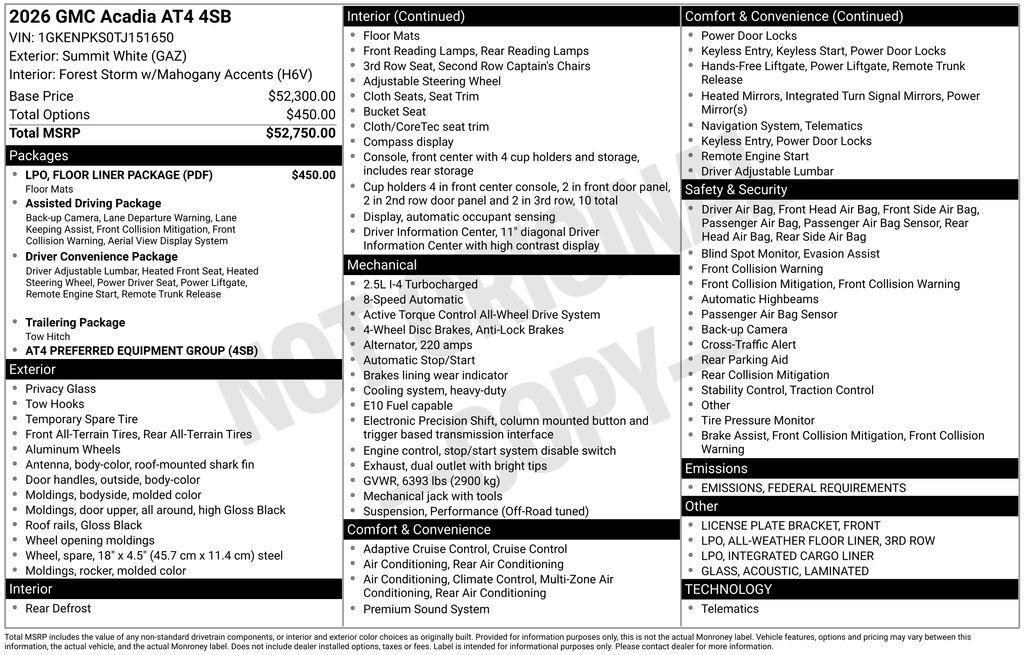 new 2026 GMC Acadia car, priced at $54,685
