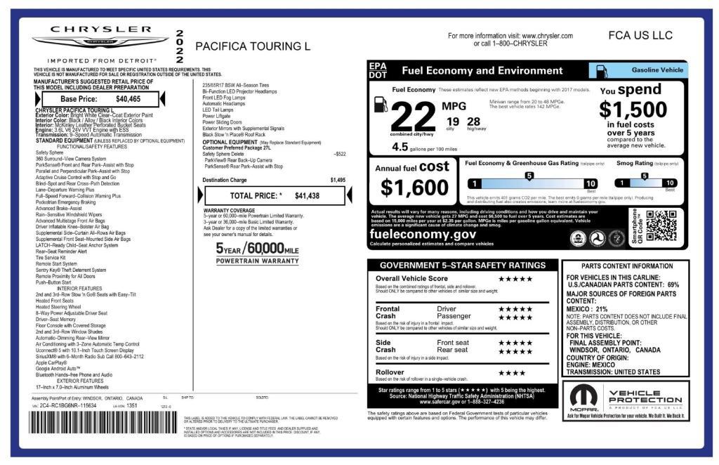 used 2022 Chrysler Pacifica car, priced at $17,488
