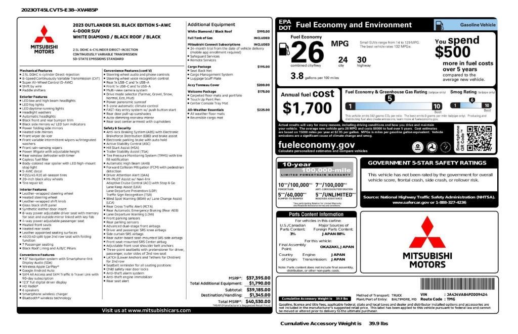 used 2023 Mitsubishi Outlander car, priced at $23,999