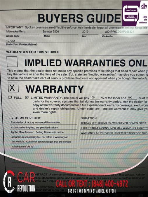 used 2019 Mercedes-Benz Sprinter 2500 car, priced at $19,999