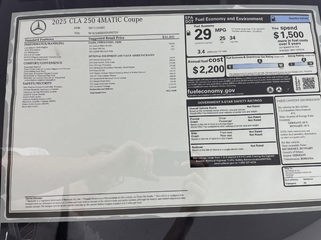 new 2025 Mercedes-Benz CLA 250 car, priced at $53,309