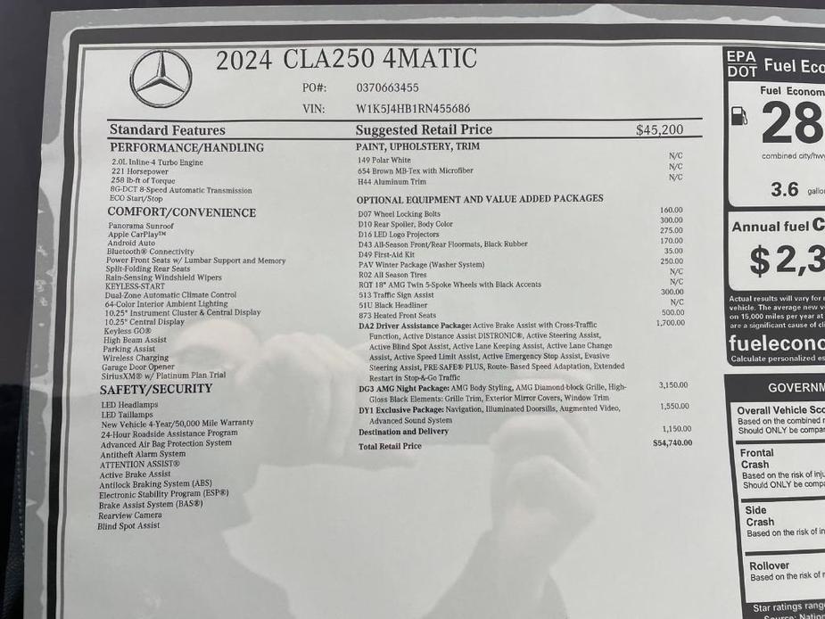 new 2024 Mercedes-Benz CLA 250 car, priced at $54,740