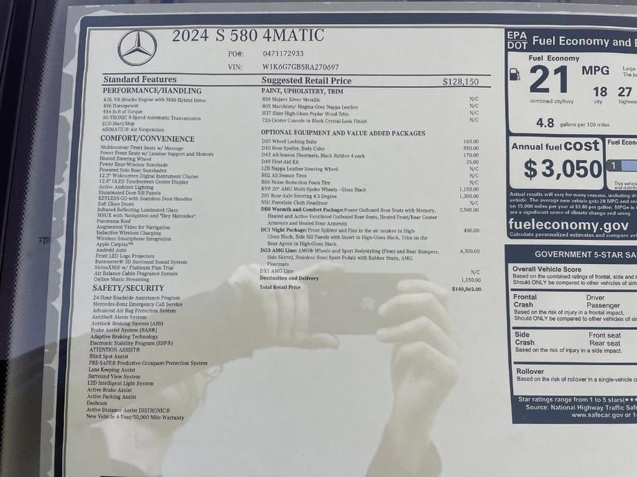 new 2024 Mercedes-Benz S-Class car, priced at $140,865