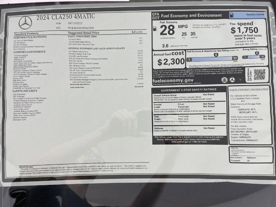 new 2024 Mercedes-Benz CLA 250 car, priced at $51,609