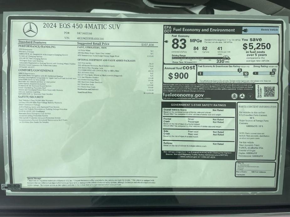 new 2024 Mercedes-Benz EQS 450 car, priced at $112,920