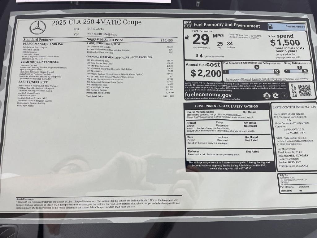 new 2025 Mercedes-Benz CLA 250 car, priced at $56,709