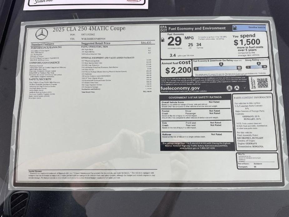 new 2025 Mercedes-Benz CLA 250 car, priced at $53,359