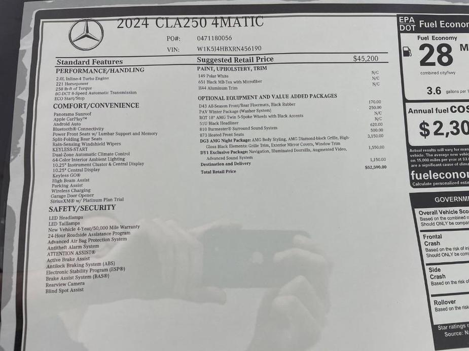 new 2024 Mercedes-Benz CLA 250 car, priced at $52,890