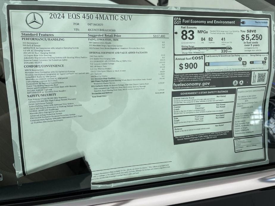 new 2024 Mercedes-Benz EQS 450 car, priced at $115,345