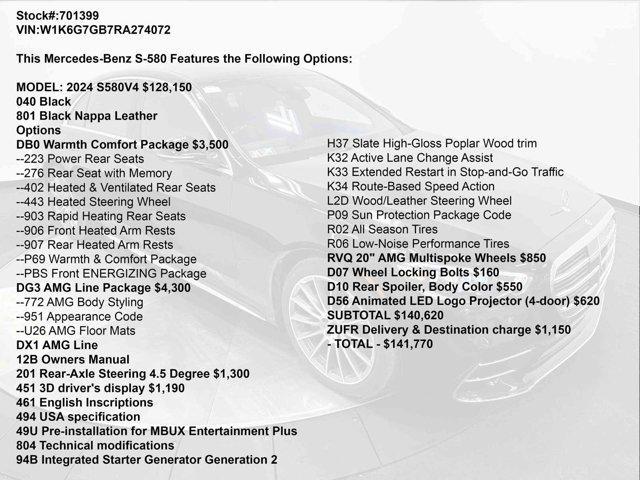 new 2024 Mercedes-Benz S-Class car, priced at $141,770