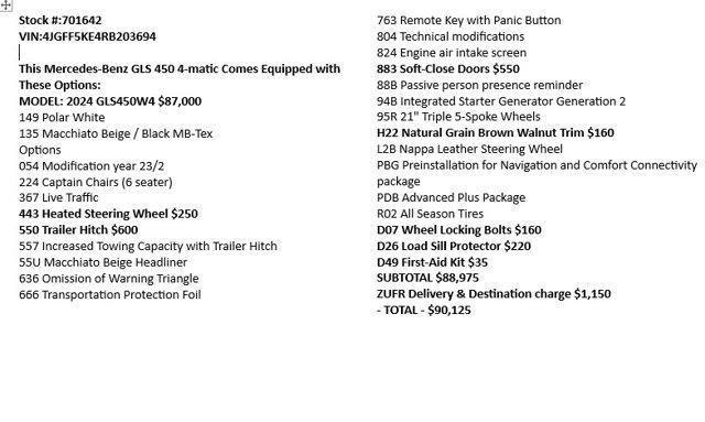 new 2024 Mercedes-Benz GLS 450 car, priced at $90,125