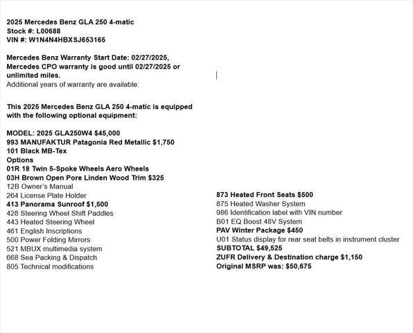 used 2025 Mercedes-Benz GLA 250 car, priced at $42,400