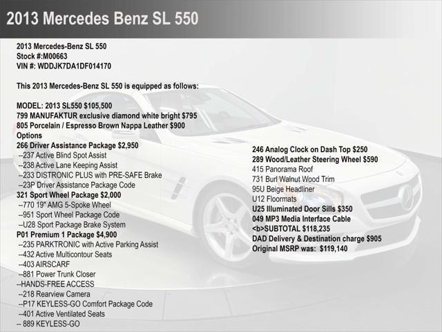 used 2013 Mercedes-Benz SL-Class car, priced at $34,000