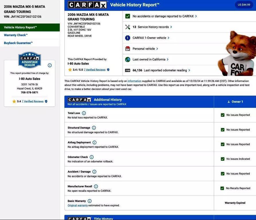 used 2006 Mazda MX-5 Miata car, priced at $10,999