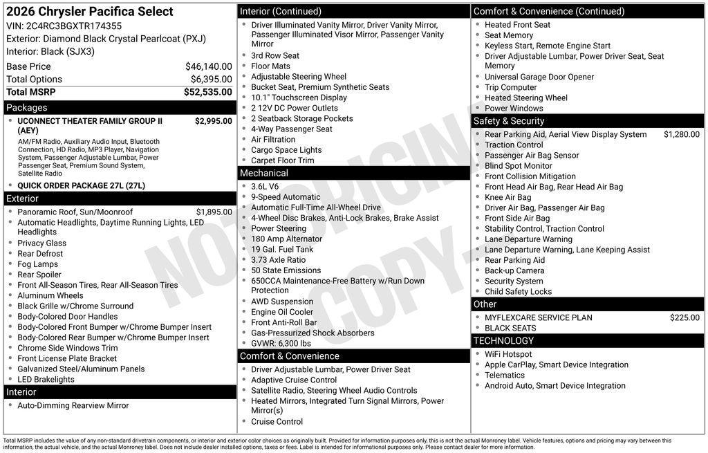 new 2026 Chrysler Pacifica car, priced at $54,530